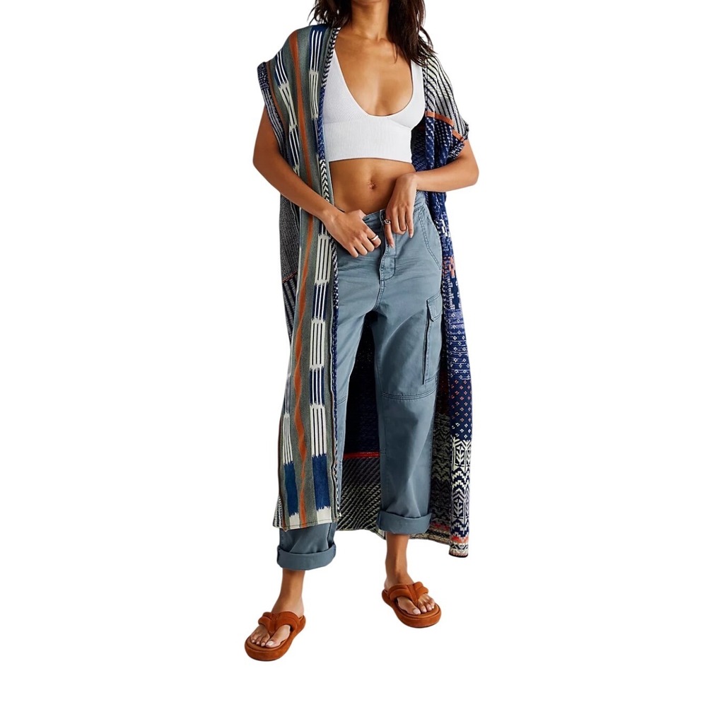 Free People Blue Skies Maxi Vest Patchwork Boho Sweater Duster XS Long Layering - Picture 4 of 7